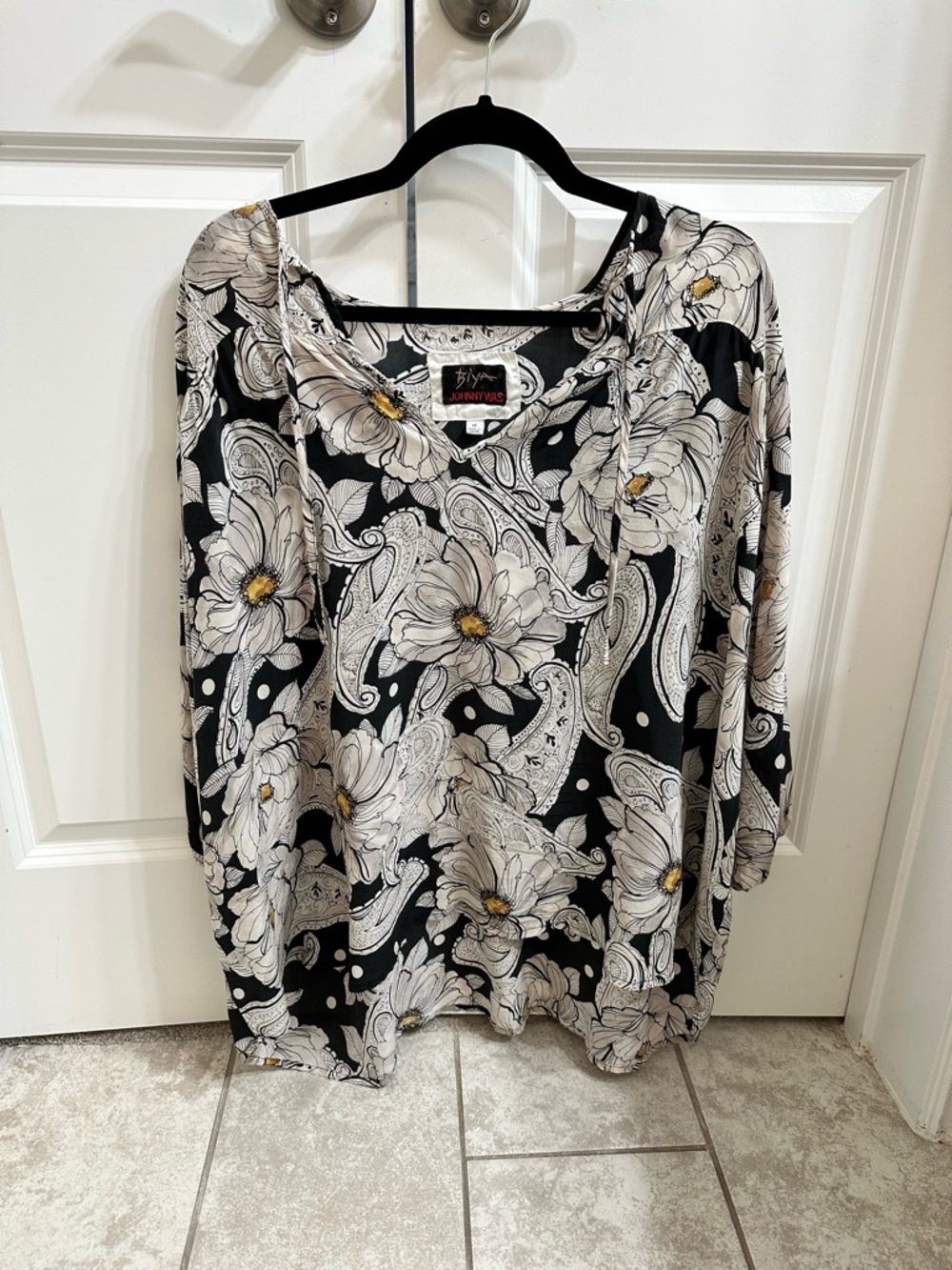 Johnny Was Black Floral Paisley Scoop Neck Blouse with Yellow Accents